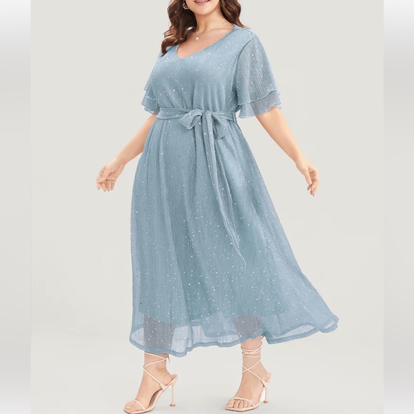 Sold*Sparkle Light Blue Mesh Pocket Ruffle Tiered Belted Midi Dress Size 22-24 - Picture 5 of 9